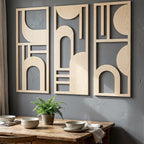 Triptyque d'art mural Bauhaus géométrique en bois - Décoration murale moderne