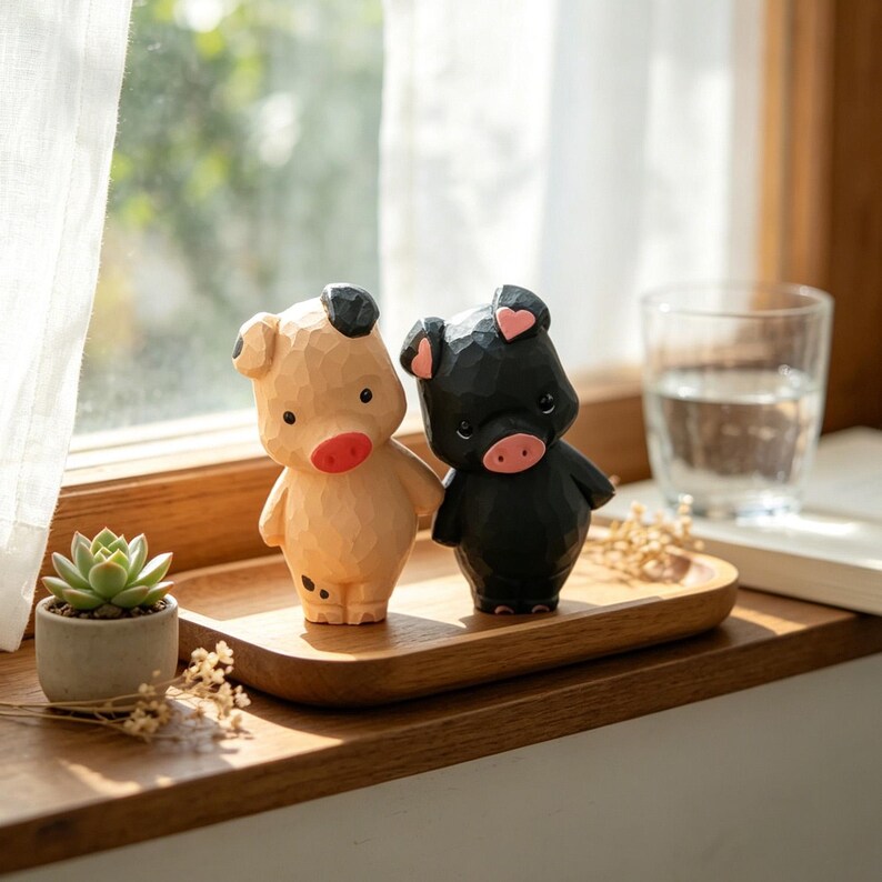 Cochon en bois sculpté à la main, ornement debout assis tacheté noir 8 cm
