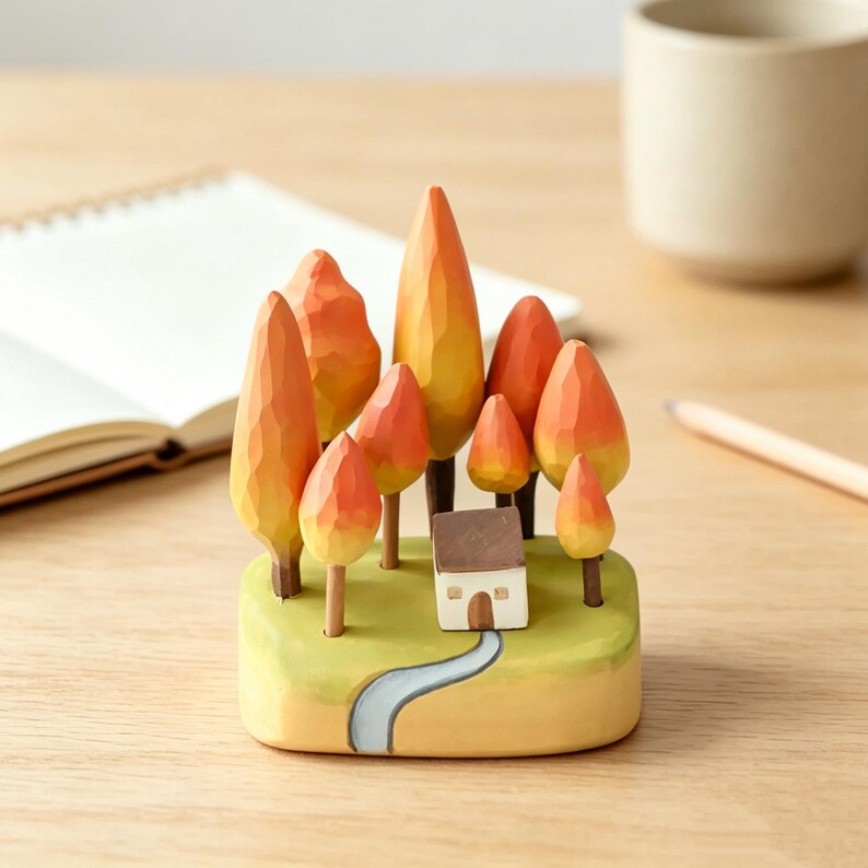 Figurine forêt d'automne bois sculpté à la main, ornement bureau paysage miniature