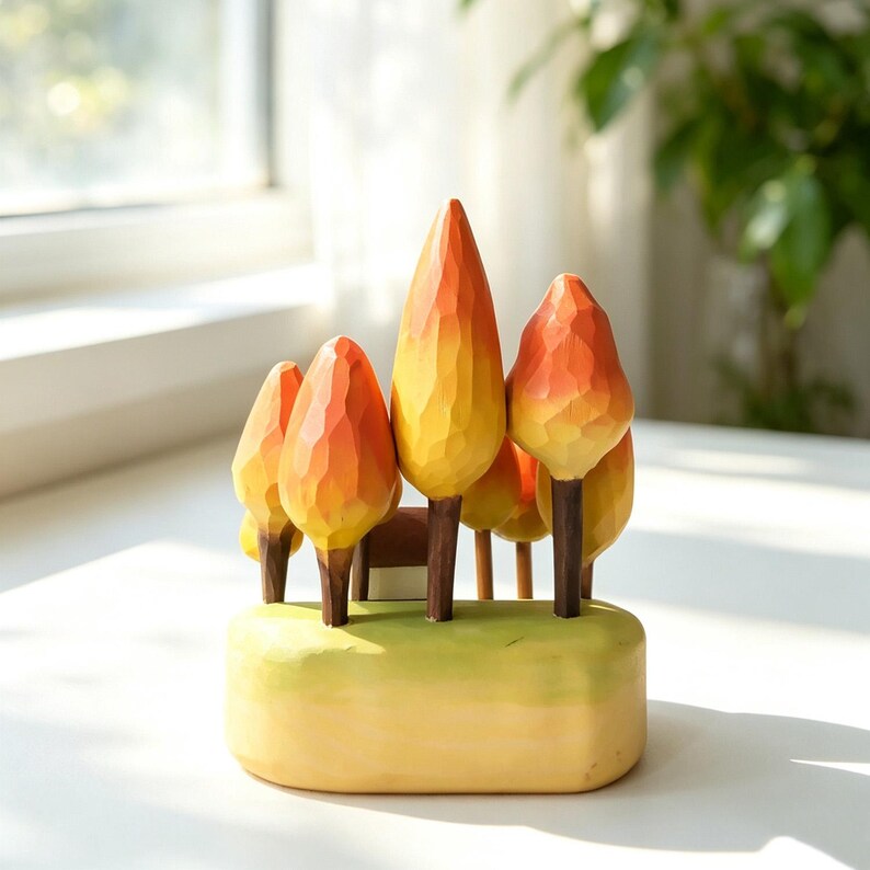 Figurine forêt d'automne bois sculpté à la main, ornement bureau paysage miniature