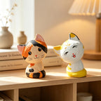 Chat en bois sculpté à la main couple chaton ornement de bureau calicot jaune-blanc