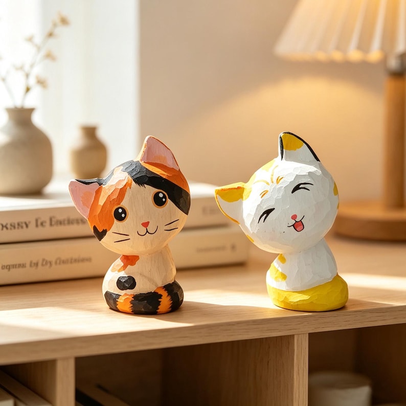 Chat en bois sculpté à la main couple chaton ornement de bureau calicot jaune-blanc