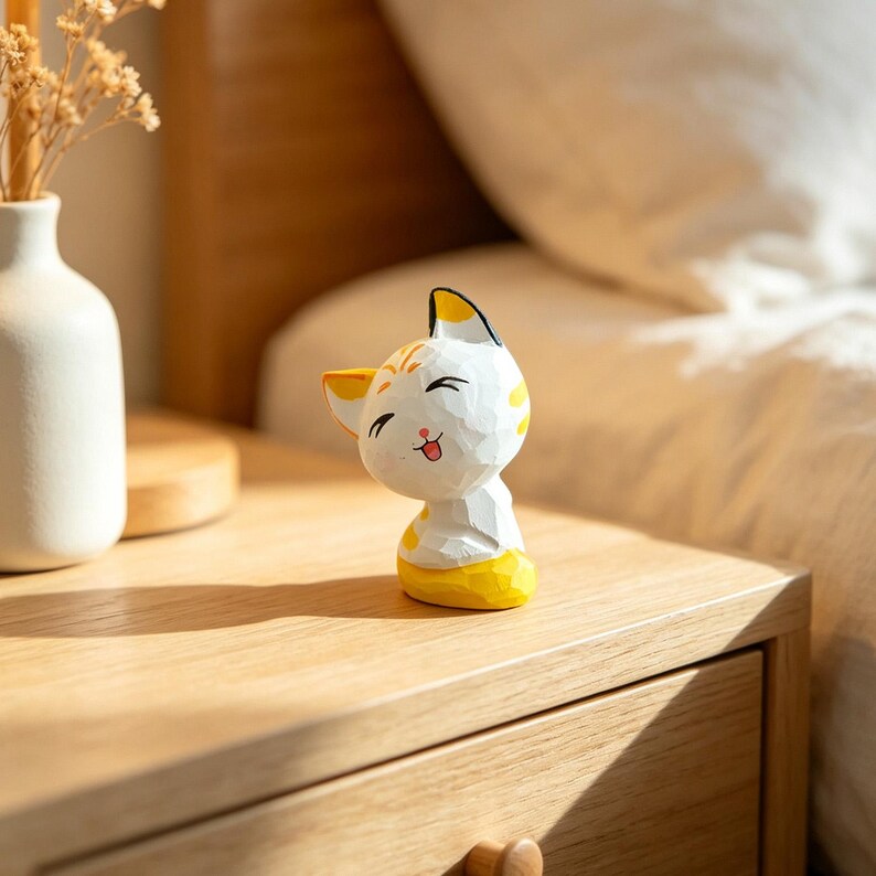 Chat en bois sculpté à la main couple chaton ornement de bureau calicot jaune-blanc