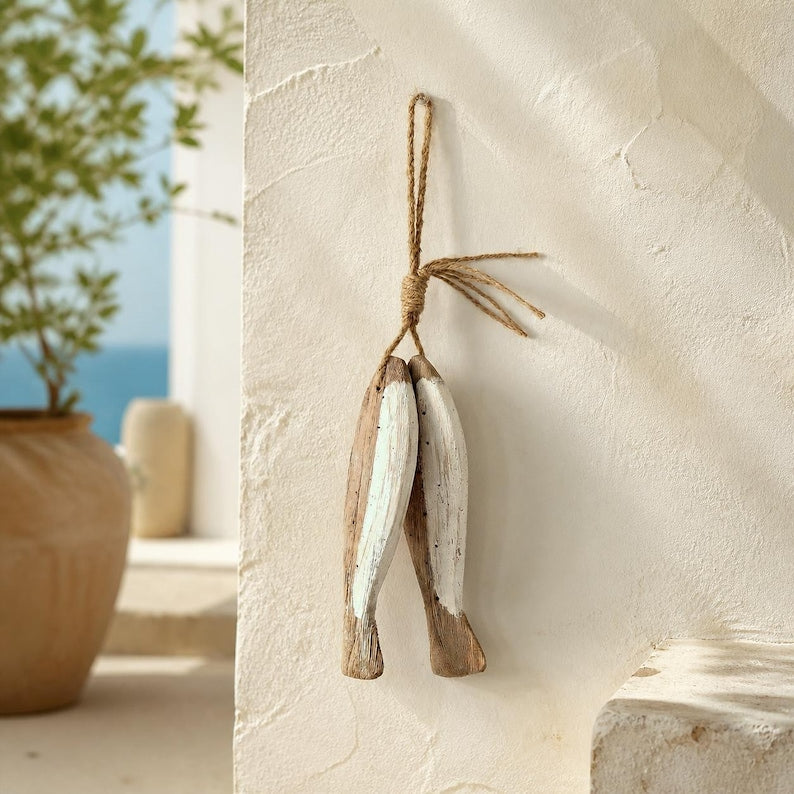 Guirlande murale poisson en bois vieilli, décoration nautique méditerranéenne
