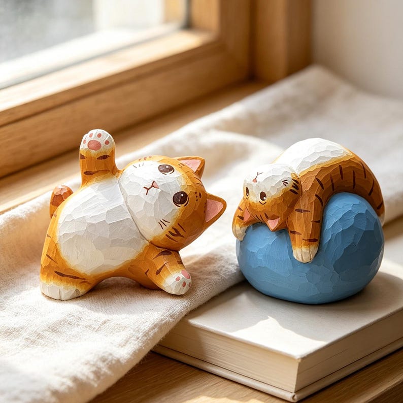 Figurine de chat yoga en bois massif sculptée à la main, décoration de bureau chaton tigré, cadeau pour amateur de yoga