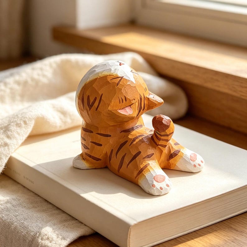 Figurine de chat yoga en bois massif sculptée à la main, décoration de bureau chaton tigré, cadeau pour amateur de yoga