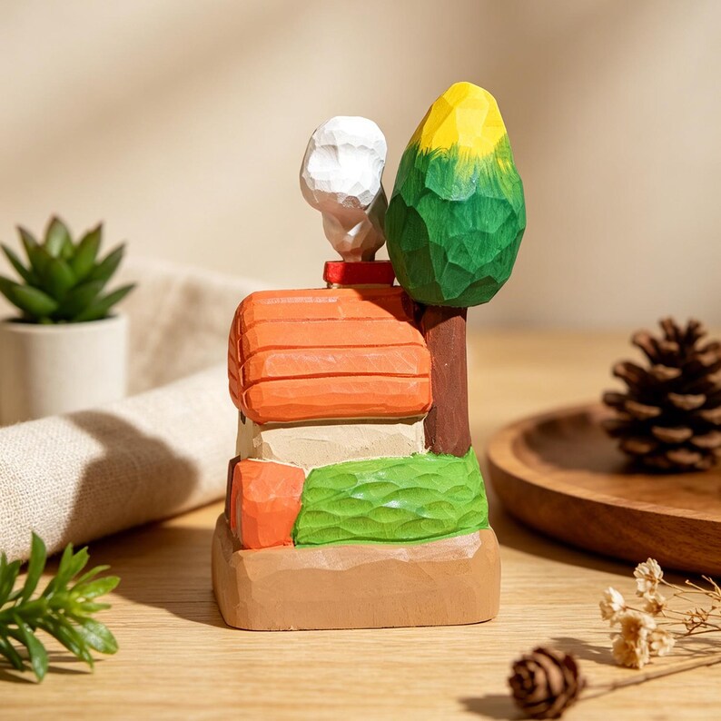 Figurine de maison de fée en bois sculptée à la main, mini maison de campagne dans les arbres, décoration de bureau