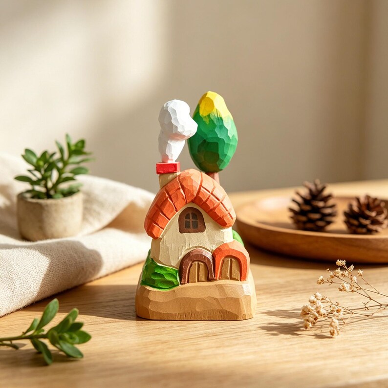 Figurine de maison de fée en bois sculptée à la main, mini maison de campagne dans les arbres, décoration de bureau