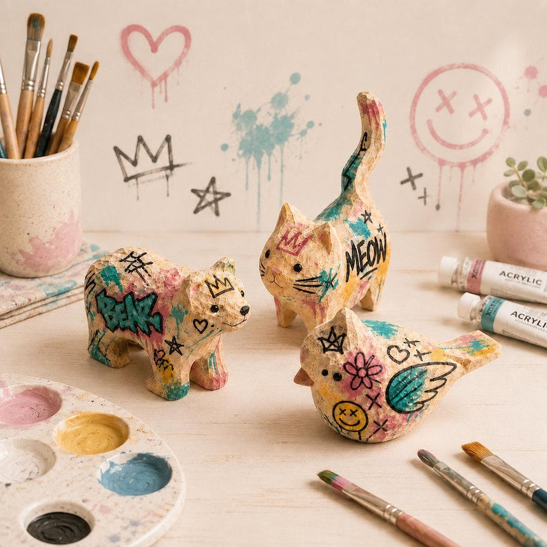 Figurines d'animaux en bois à peindre - Chien, Ours, Oiseau