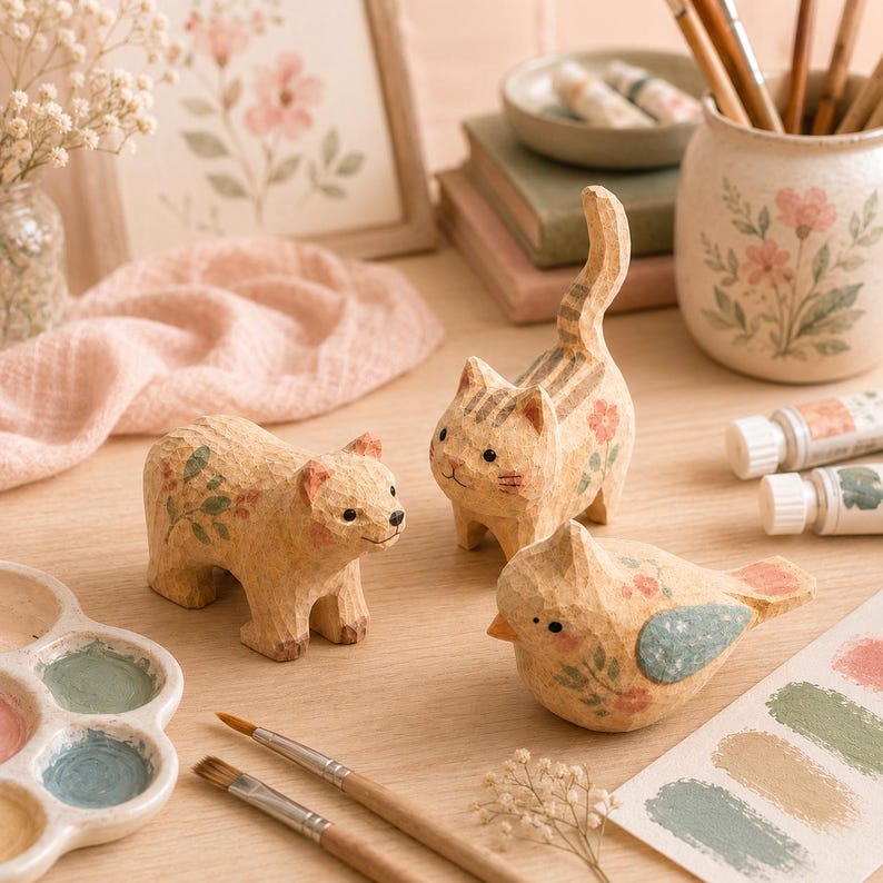 Figurines d'animaux en bois à peindre - Chien, Ours, Oiseau