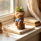 Figurine ours en bois sculptée à la main, ornement de bureau ours gilet bleu, cadeau animal de la forêt
