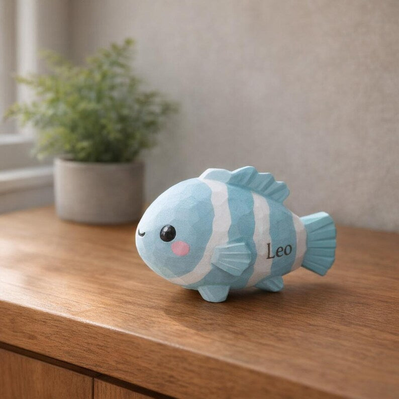 Lot de 3 figurines poisson en bois - Décoration étagère scandinave, couleurs bleu rouge orange, taille 2,5 cm