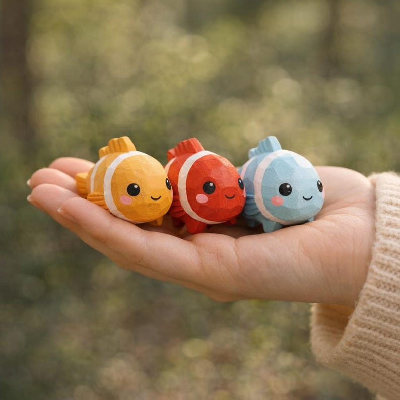 Lot de 3 figurines poisson en bois - Décoration étagère scandinave, couleurs bleu rouge orange, taille 2,5 cm