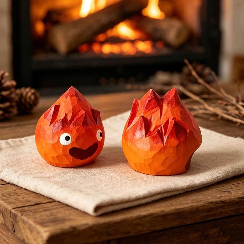 Figurine d'esprit du feu en bois sculptée à la main, ornement de bureau flammes 4 cm
