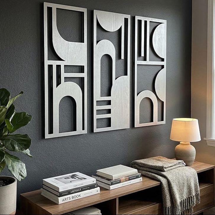 Triptyque d'art mural Bauhaus géométrique en bois - Décoration murale moderne