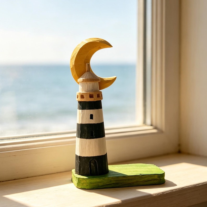 Phare en bois sculpté à la main, ornement cottage côte croissant de lune, décoration nautique 14 cm