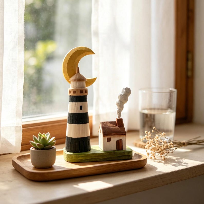 Phare en bois sculpté à la main, ornement cottage côte croissant de lune, décoration nautique 14 cm