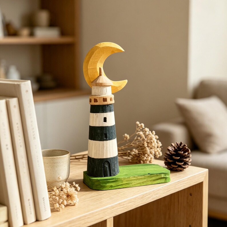Phare en bois sculpté à la main, ornement cottage côte croissant de lune, décoration nautique 14 cm
