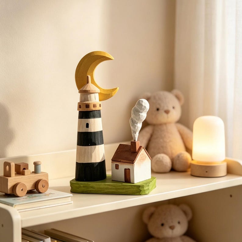 Phare en bois sculpté à la main, ornement cottage côte croissant de lune, décoration nautique 14 cm
