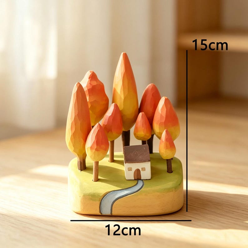 Figurine forêt d'automne bois sculpté à la main, ornement bureau paysage miniature