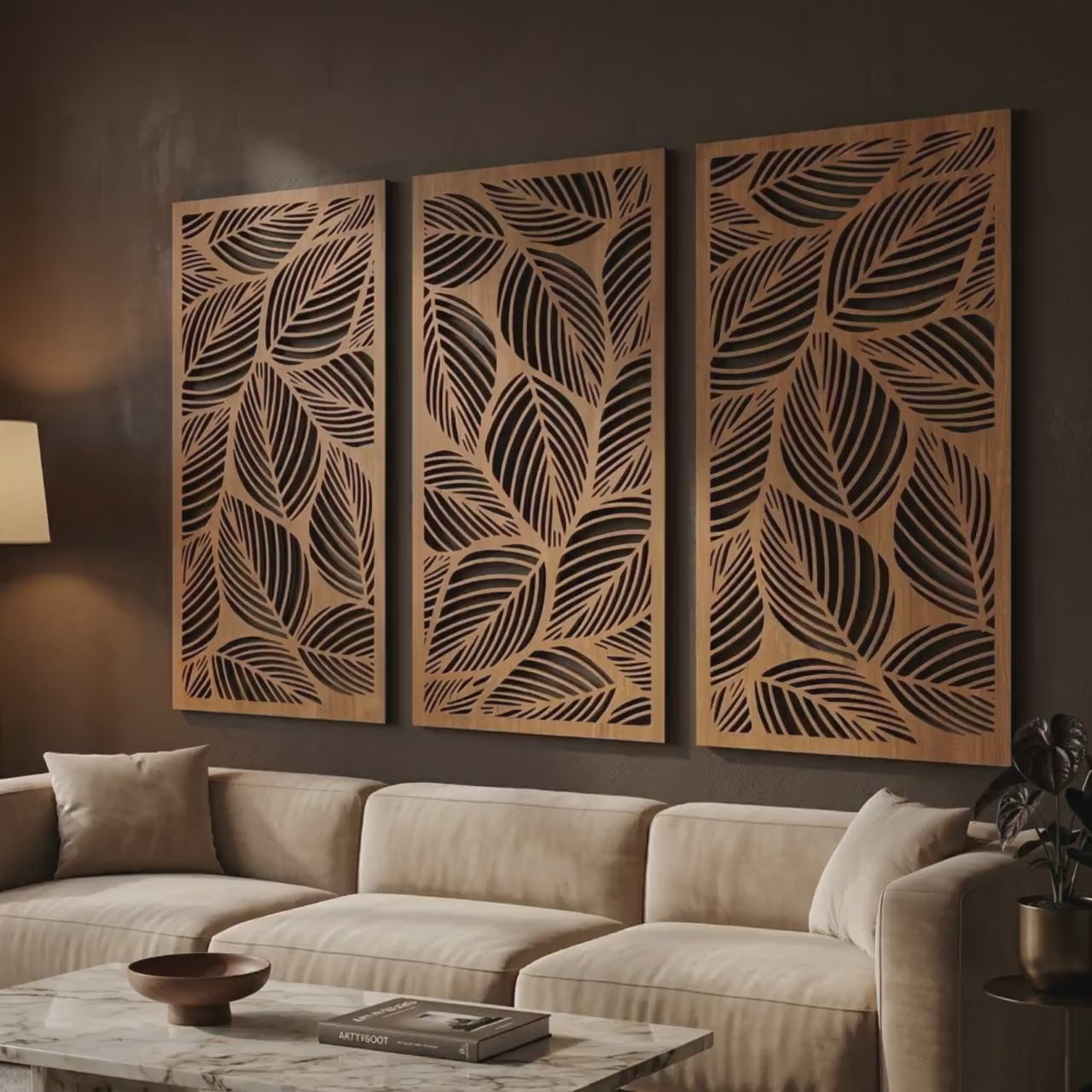 Lot de 3 panneaux muraux en bois feuilles tropicales, décoration botanique neutre